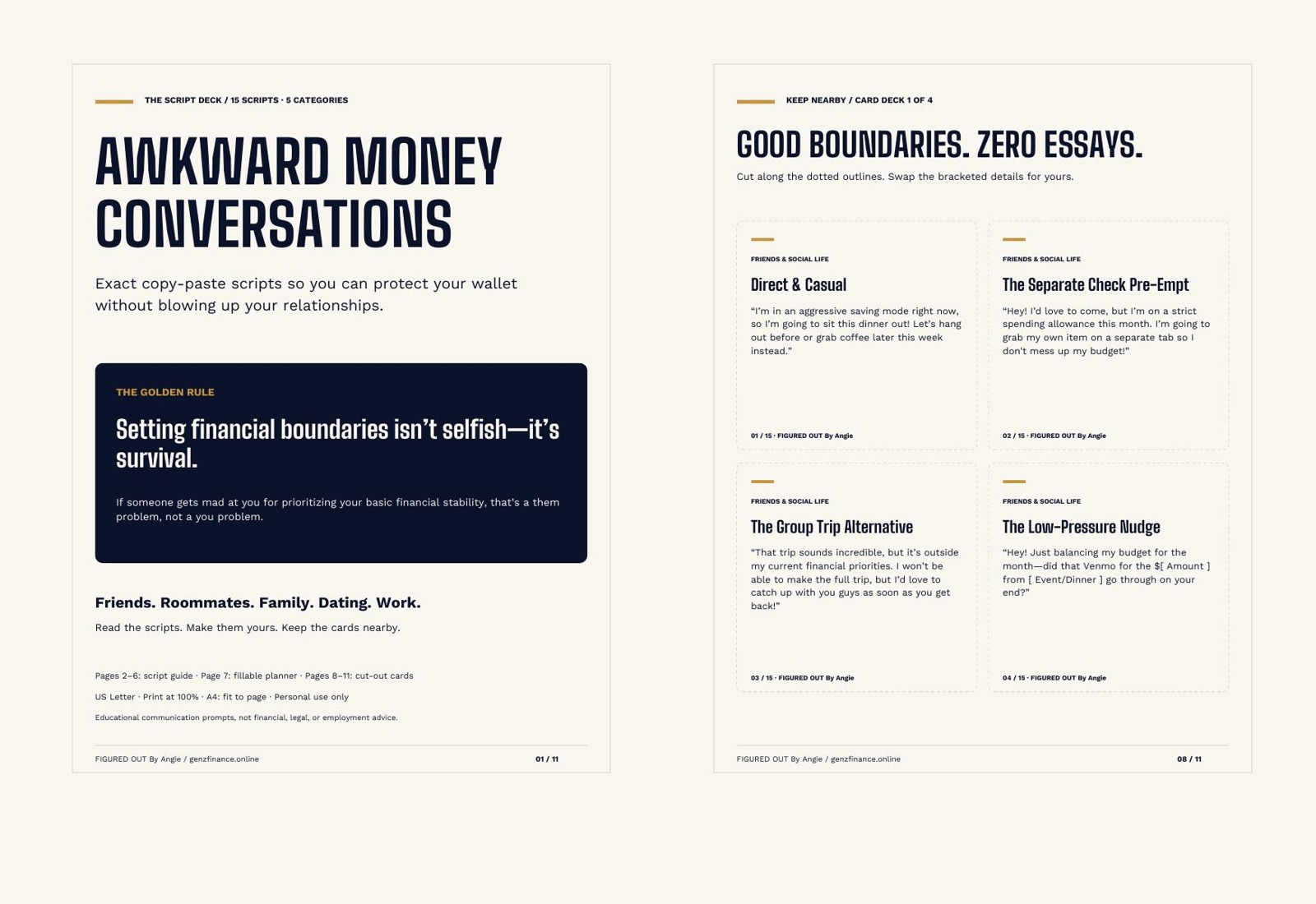 Preview of the cream, navy and gold script guide and cut-out cards